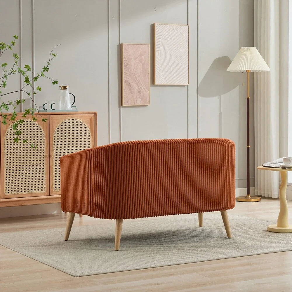 2-zitsbank met bekleding van corduroy en houten poten in walnootkleur