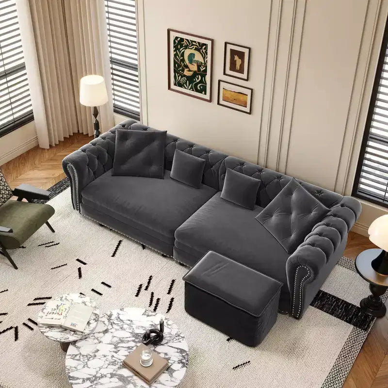 Whisen Samt-Schlafsofa in King-Size mit Ausziehfunktion und 3-in-1-Funktion, wandelbares Schlafsofa mit beweglichem Hocker und Steppdesign