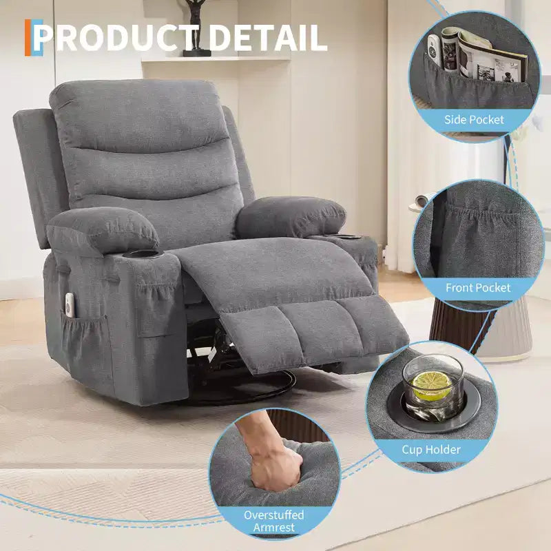 Draaibare relaxfauteuil met massage en warmte, 360°-schommelstoel met bekerhouders en zijvakken, ergonomische loungestoel voor woonkamer, camper en babykamer