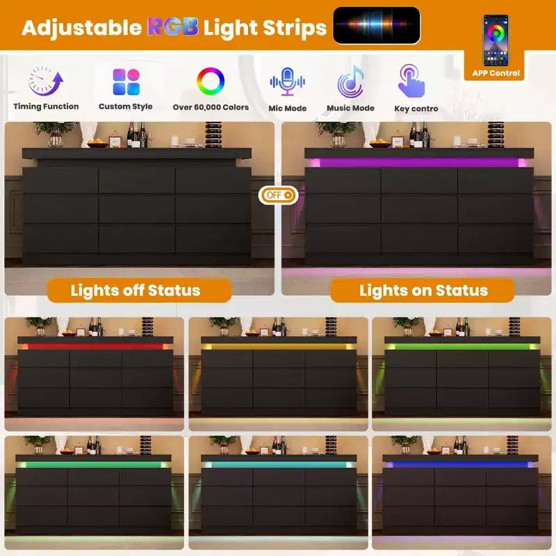 Kommode mit 9 Schubladen fürs Schlafzimmer, Schubladenschrank mit Ladestation und LED-Leuchten, doppelter Holzschrank zur Aufbewahrung, moderne Kommode und TV-Ständer