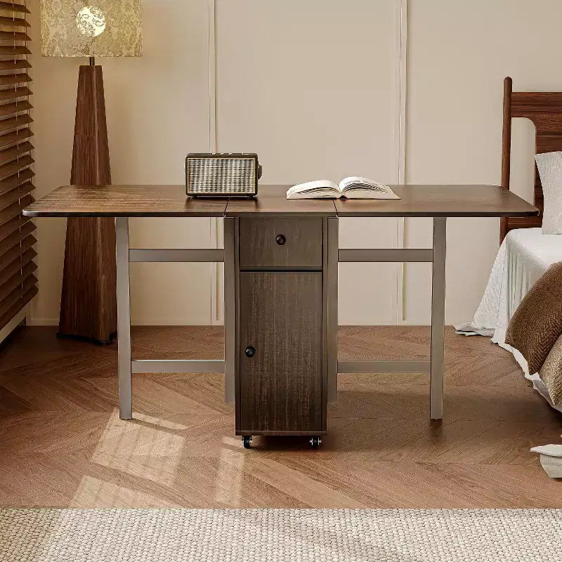 ATJafurn 59'' Foldable Dining Table with Drop Leaves for Small Space, Rectangular Wooden Extendable kitchen Table with Wheels and Storage