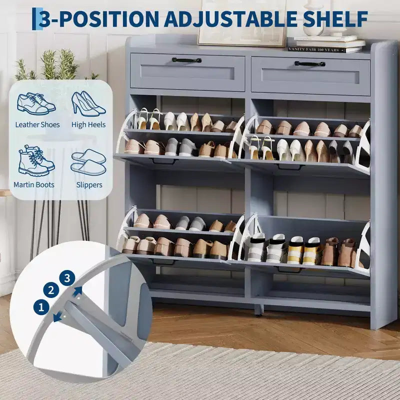 Shoe Cabinet with 4 Flip Drawers & 2 Top Drawers, Wooden Shoe Organizer Cabinet with Adjustable Shelf, Freestanding Shoe Storage Cabinets