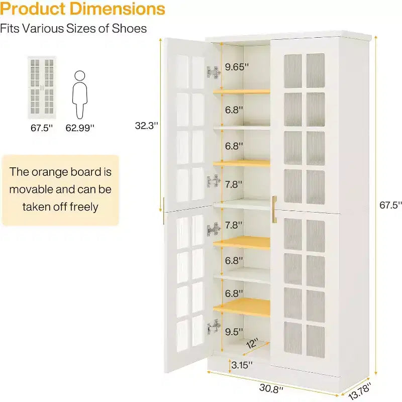 Lantine Tall Shoe Cabinet with Doors, 8-Tier Shoe Storage with Adjustable Shelves, Modern Shoe Rack Cabinet for Hallway, Closet, Living Room, White