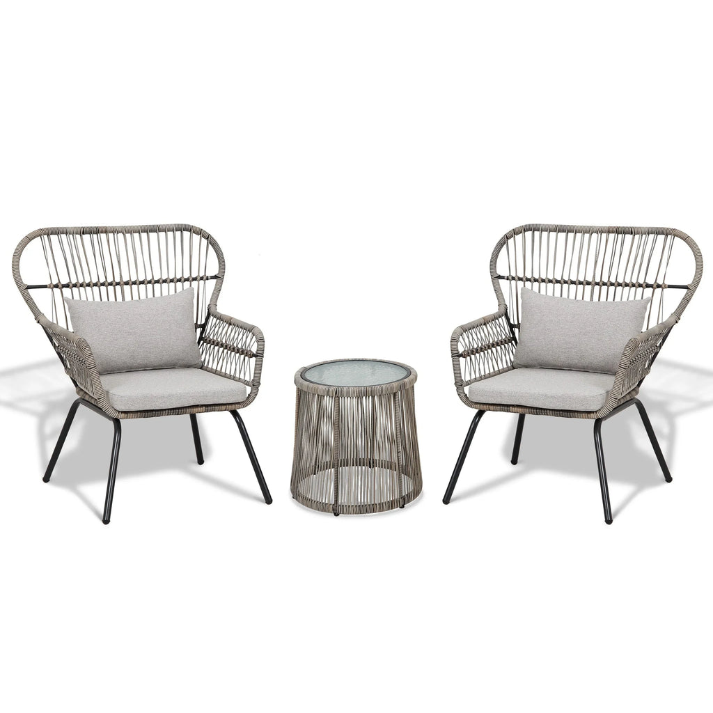 3 Piece Outdoor Wicker Conversation Bistro Set, All-Weather Rattan Furniture Patio Chairs Set with Cushions