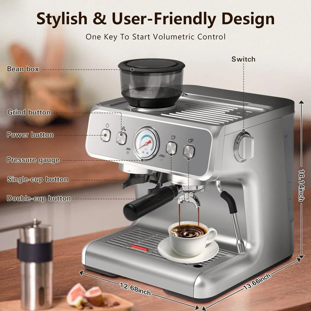 Halfautomatische koffiemachine met intelligente temperatuurregeling en heetwaterfunctie, 30 maalstanden