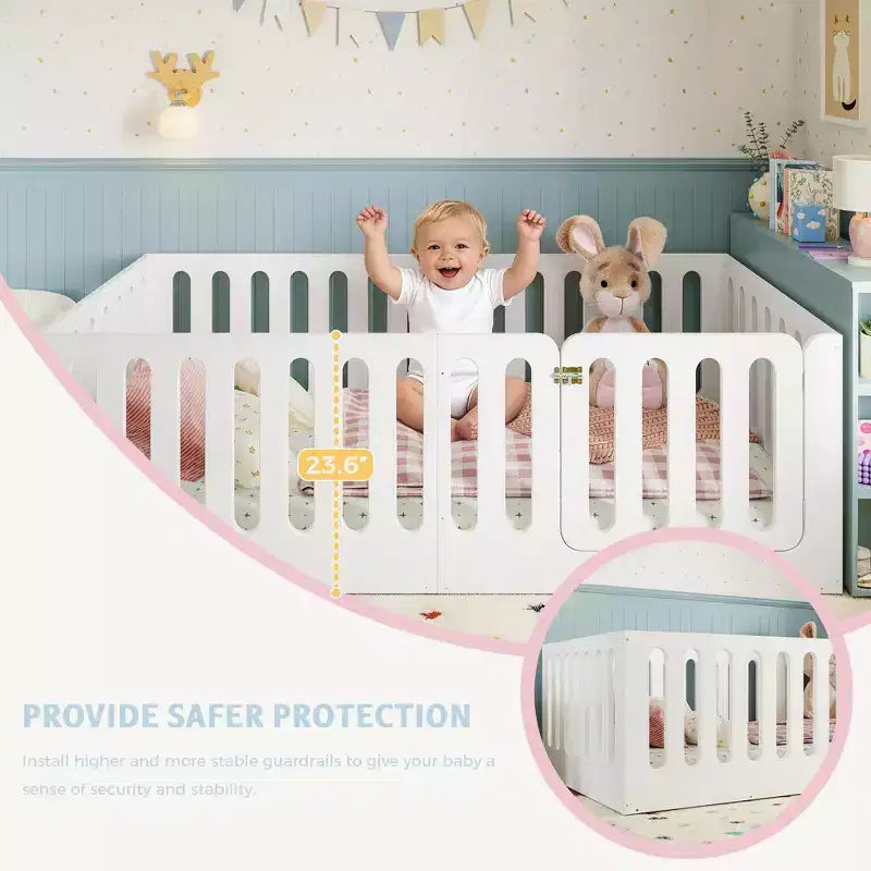 Cama Montessori blanca de tamaño individual para el suelo con barandillas y puerta, madera maciza, para 1 niño