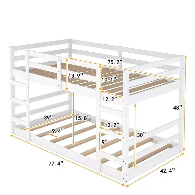 Low Bunk Bed , Wooden Floor Bunk Bed with Ladder, Bunk Bed with Full Guardrails