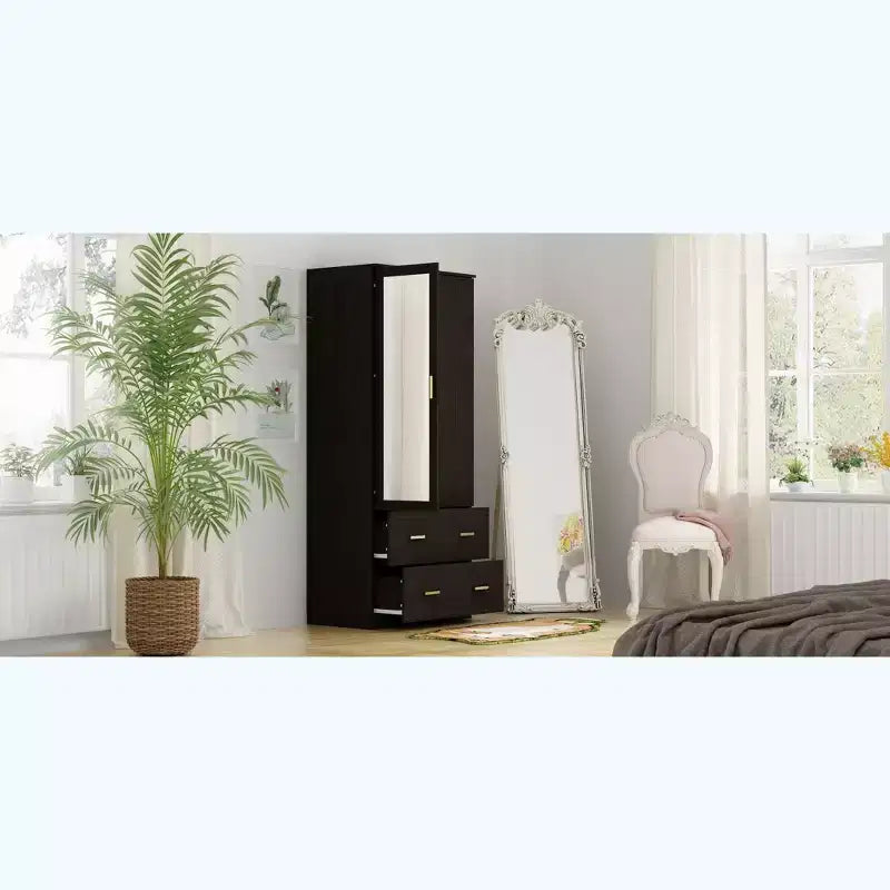 Armoire Hitow à portes miroirs avec deux tiroirs et rangement compartimenté