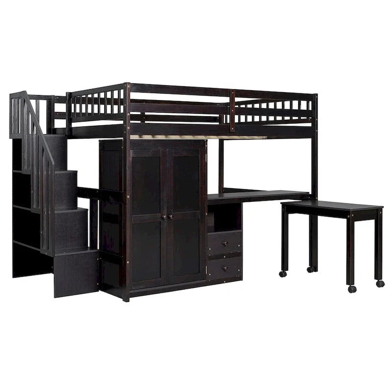 Hochbett in Full-Size mit Treppe, Bücherregal, Schreibtisch und Kleiderschrank – platzsparendes Multifunktionsmöbel für Kinder und Jugendliche – Weiß