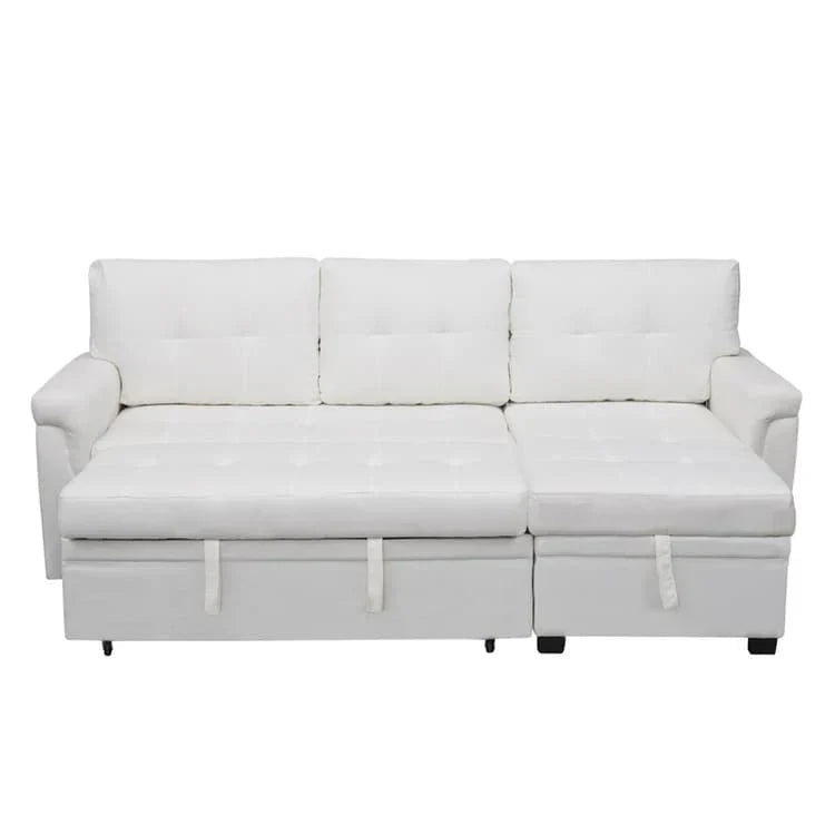 Divano componibile reversibile trasformabile con letto estraibile, chaise longue con contenitore nascosto e gambe resistenti