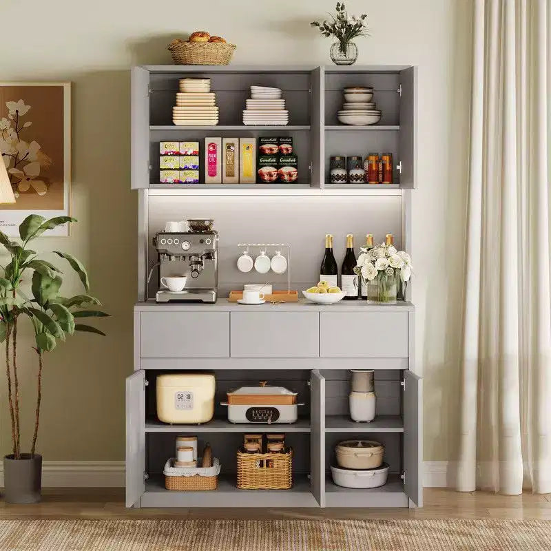 71 inch Kitchen Pantry Cabinet, Hutch Storage with Led Lights and Power Outlets, Buffet Cabinet with Microwave Stand, Adjustable Shelves