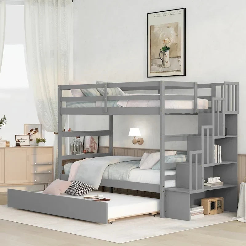 Letto a castello singolo su singolo con letto estraibile singolo e vano portaoggetti integrato nella scala, colore grigio