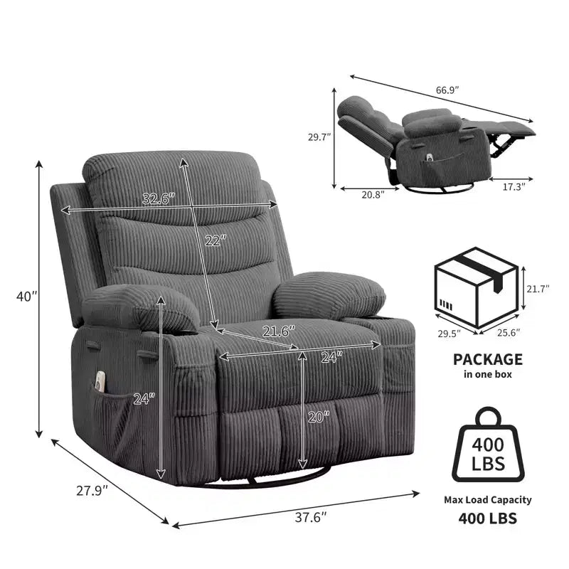 Sillón reclinable mecedor giratorio de 360° extragrande con masaje y calor: silla ergonómica de descanso con portavasos y bolsillos laterales para la sala de estar o el dormitorio infantil
