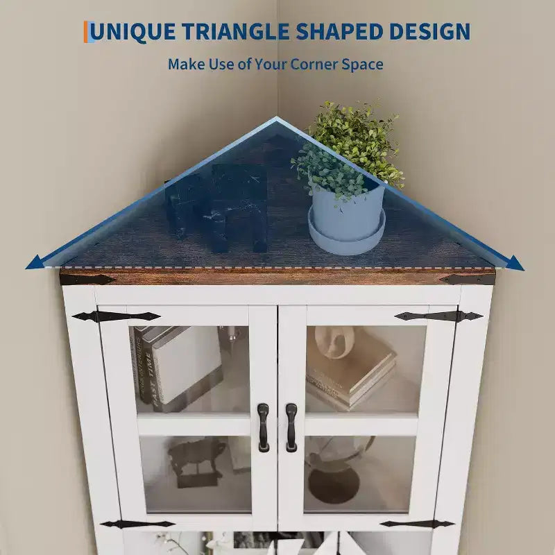 69 Tall Corner Cabinet, Farmhouse Corner Storage Cabinet, Space Saving Storage, Glass Door, Adjustable Shelves, for Living Room, Kitchen