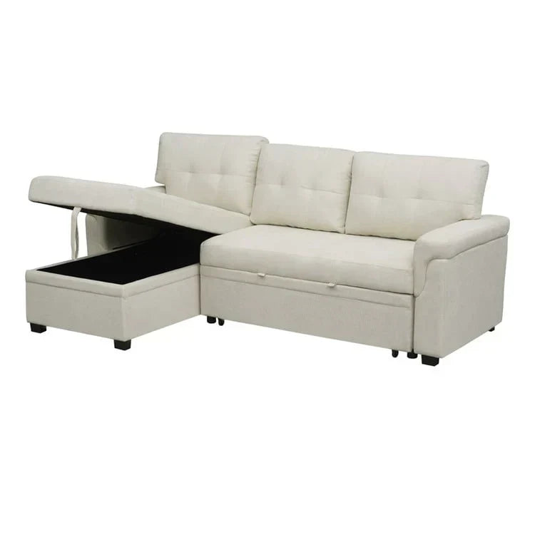 Divano componibile reversibile trasformabile con letto estraibile, chaise longue con contenitore nascosto e gambe resistenti