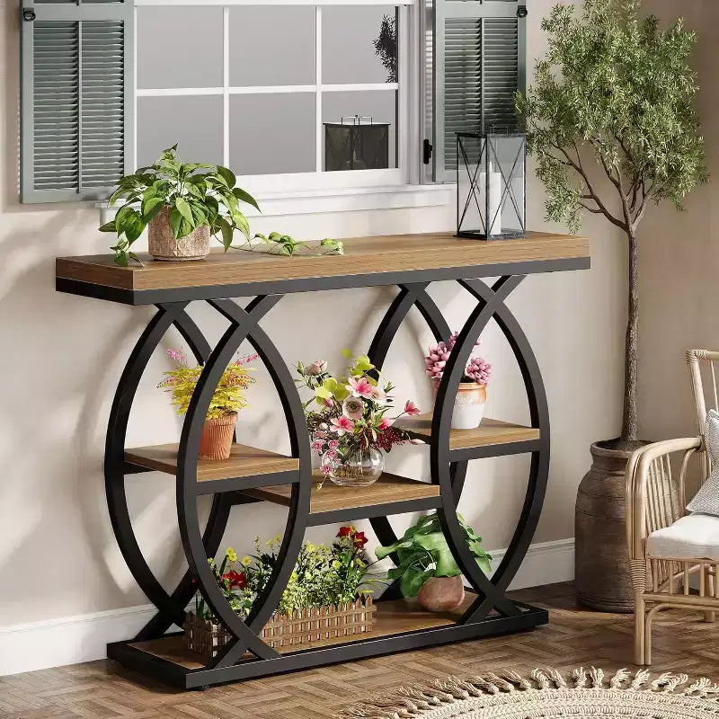 Lantine 39.4 Console Table, Industrial 4-Tier Sofa Table Entryway Table with Storage Shelves and Metal Frame for Small Spaces, Hallway, Foyer, Brown