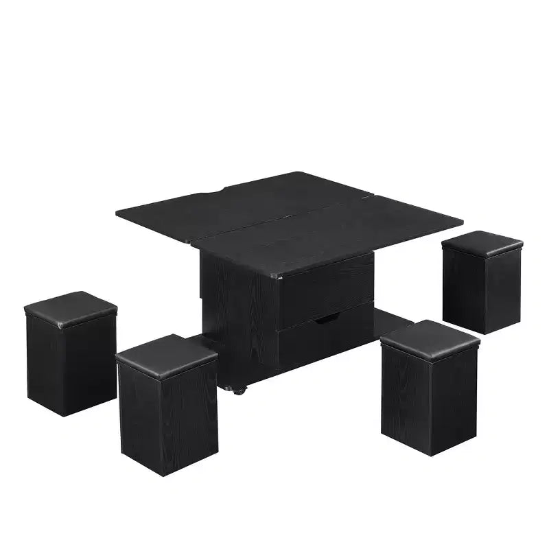 Table basse moderne multifonctionnelle relevable avec rangement dissimulé, 4 tabourets et roulettes, idéale pour les espaces de vie modernes