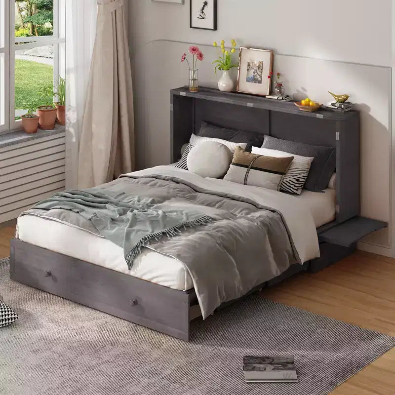 Cama abatible Mjkone tamaño queen, cama tipo armario cúbico con estación de carga y espacio de almacenamiento