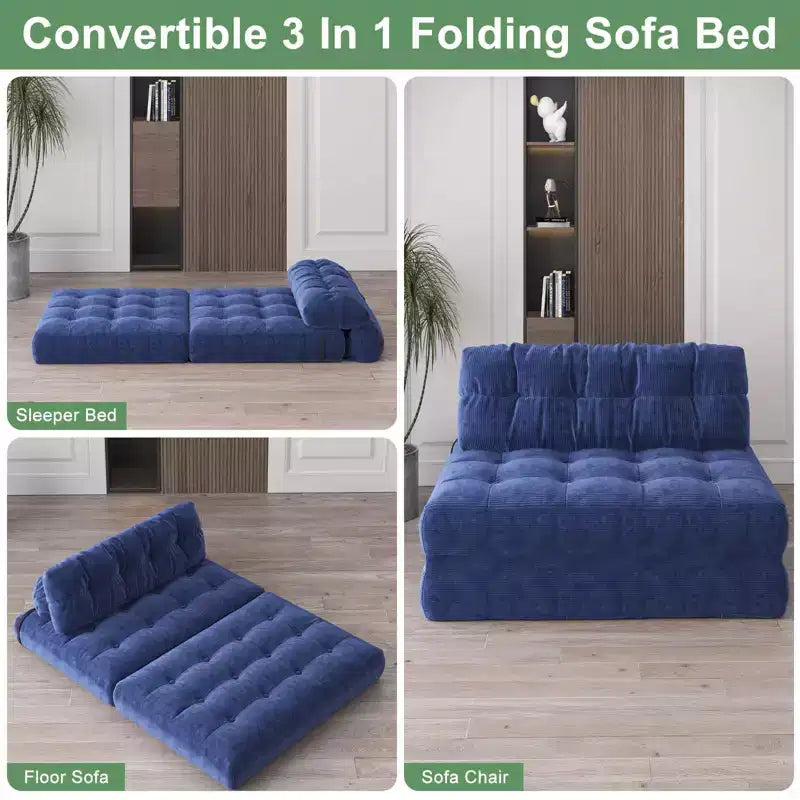 Canapé-lit futon pliant en velours côtelé, fauteuil convertible au sol avec coussin et soutien dorsal, format double