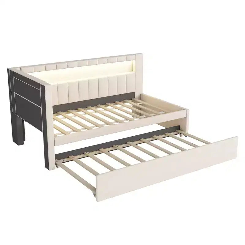 Daybed in Twin-/Full-Größe mit Ausziehbett und L-förmigem Bücherregal-Kopfteil, weiches Eckbett mit Leinenpolsterung, Ablagefächern und LED-Band
