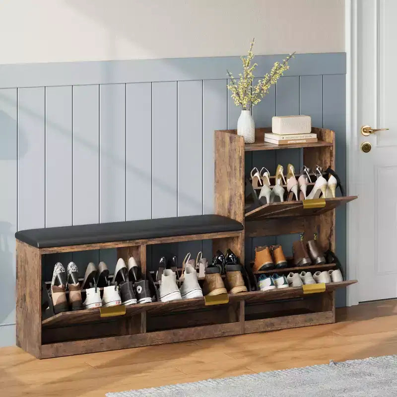 Farmhouse Shoe Cabinet with Bench, 4 Flip Drawers Entryway Shoe Storage Organizer with Comfort Cushioned Seat, Freestanding Shoe Rack Bench