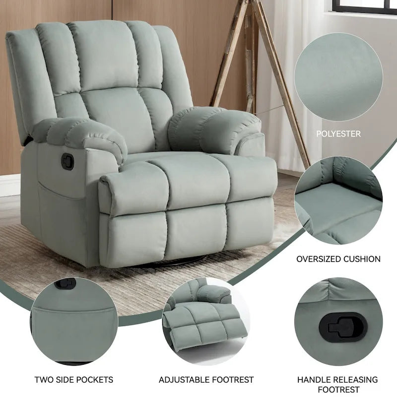 Poltrona reclinabile manuale oversize verde con girevole, oscillazione e rivestimento in tessuto