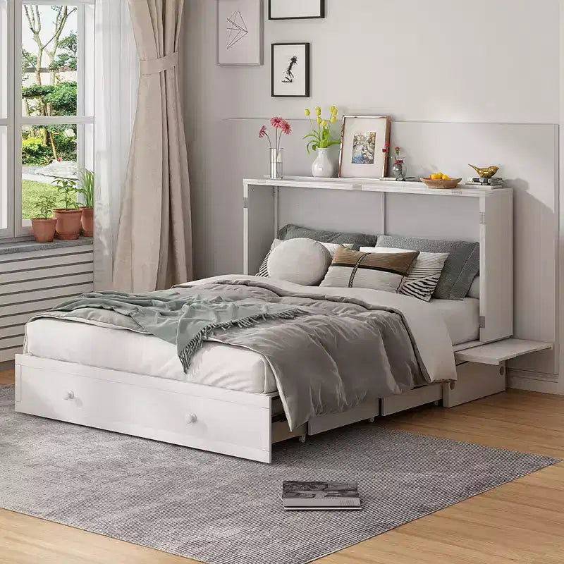 Cama abatible Mjkone tamaño queen, cama tipo armario cúbico con estación de carga y espacio de almacenamiento