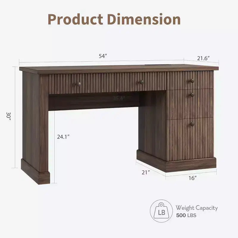 Geriffelter Stauraum-Schreibtisch fürs Homeoffice, moderner Chefschreibtisch mit 54 Zoll und Ladestation, Computertisch aus Holz mit Aktenschubladen fürs Arbeitszimmer