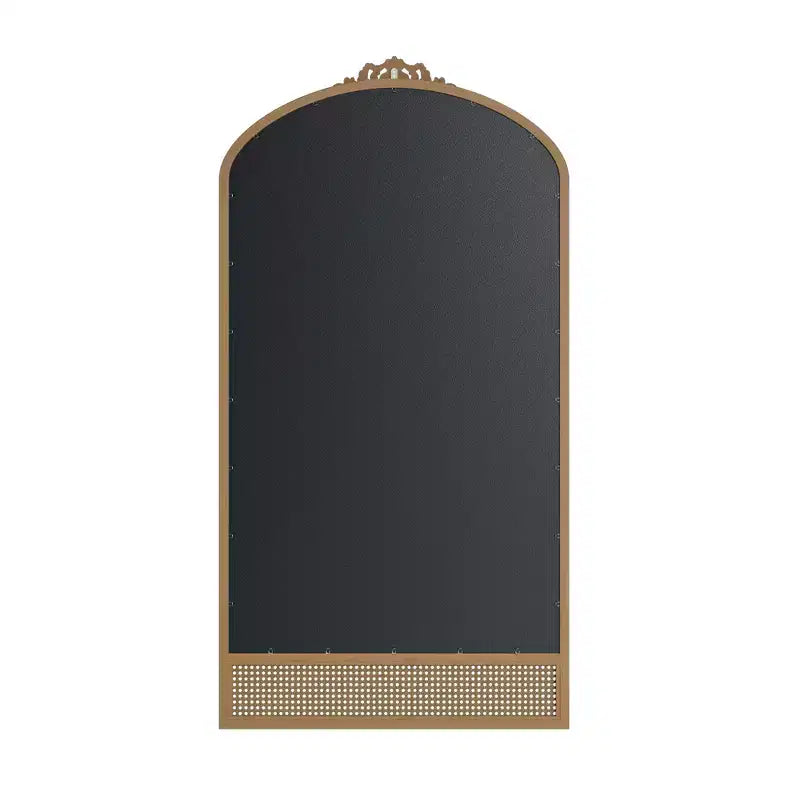 37 in. W x 71 in. H Classic Carved Arch Wood Frame with Rattan Bottom Wall Mirror in Brown