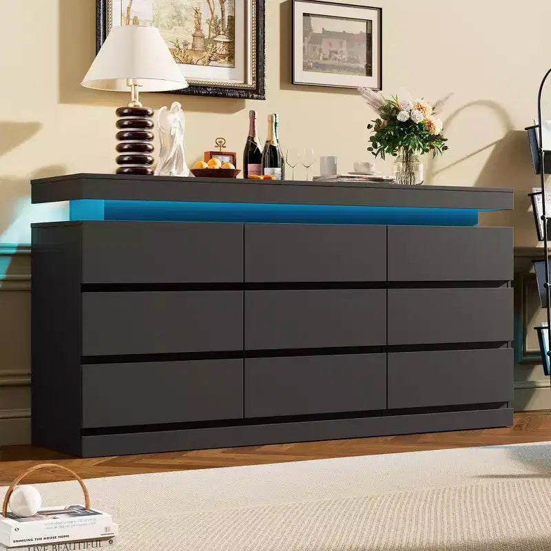 Kommode mit 9 Schubladen fürs Schlafzimmer, Schubladenschrank mit Ladestation und LED-Leuchten, doppelter Holzschrank zur Aufbewahrung, moderne Kommode und TV-Ständer