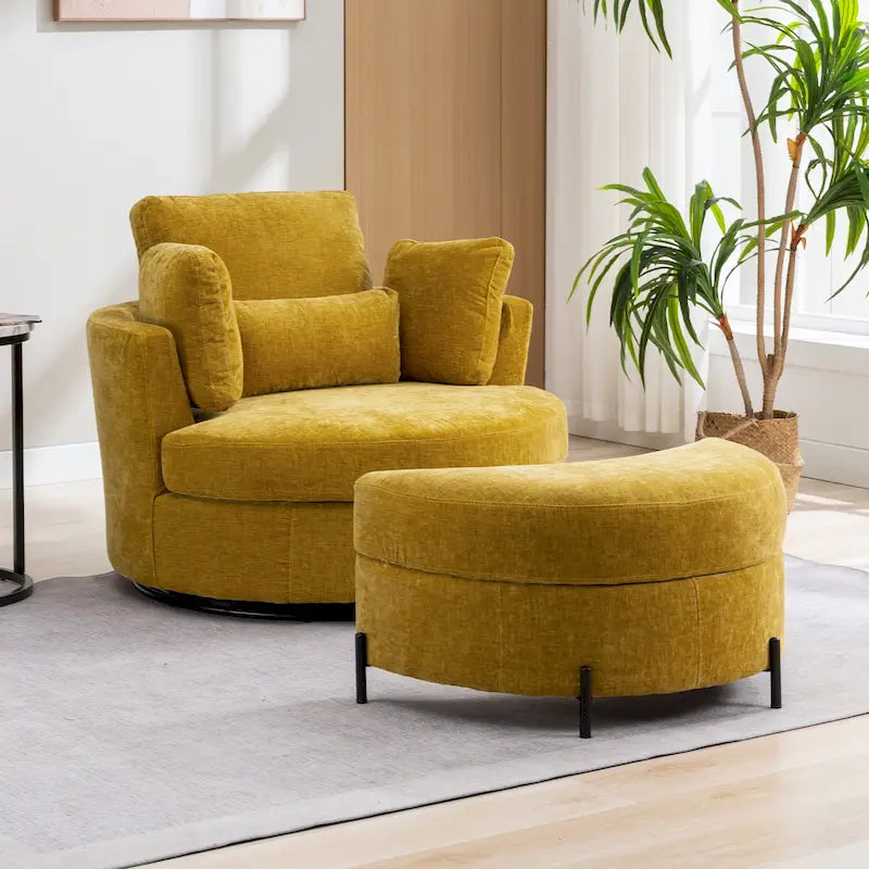 42.3W Upholstered Swivel Accent Chair with 4 Pillows and Half-Moon Storage Ottoman