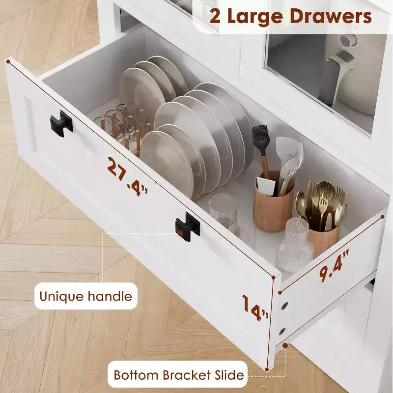 Farmhouse Kitchen Pantry Cabinet with Glass Doors, 72in Storage Cupboard with Drawers and Adjustable Shelves for Dining Room Bathroom Living Room