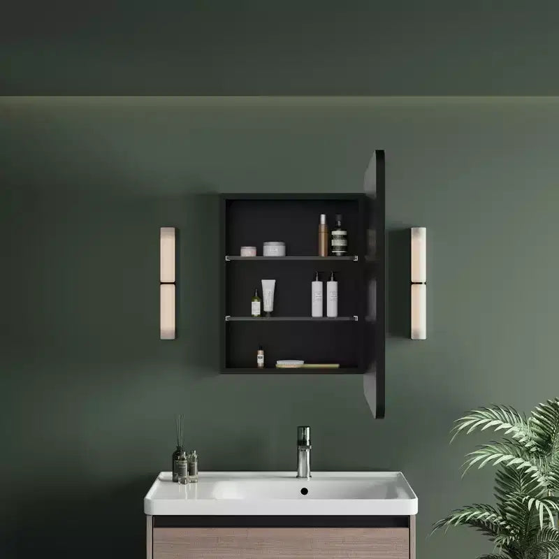 Schwarz/Weiß/Gold LED-Medizinschrank, eine Tür, Anschlag links oder rechts, zum Einbau oder zur Wandmontage