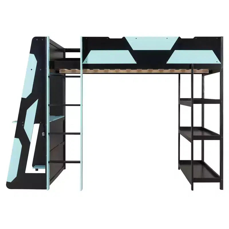 Luxystar großes Gaming-Hochbett mit Schreibtisch, Stauraumregalen und Beleuchtung