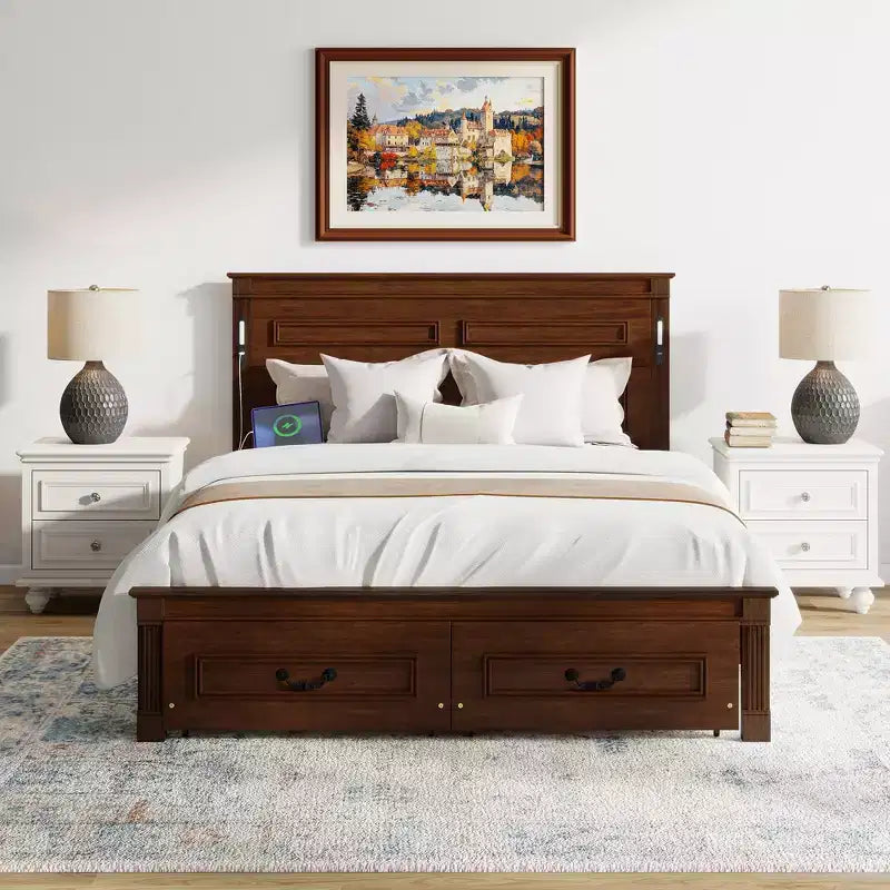 ModernLuxe platformbed voor eenpersoons- of tweepersoonsformaat met hoog hoofdbord, rustiek houten bedframe met 2 laden, ledverlichting en USB-poorten