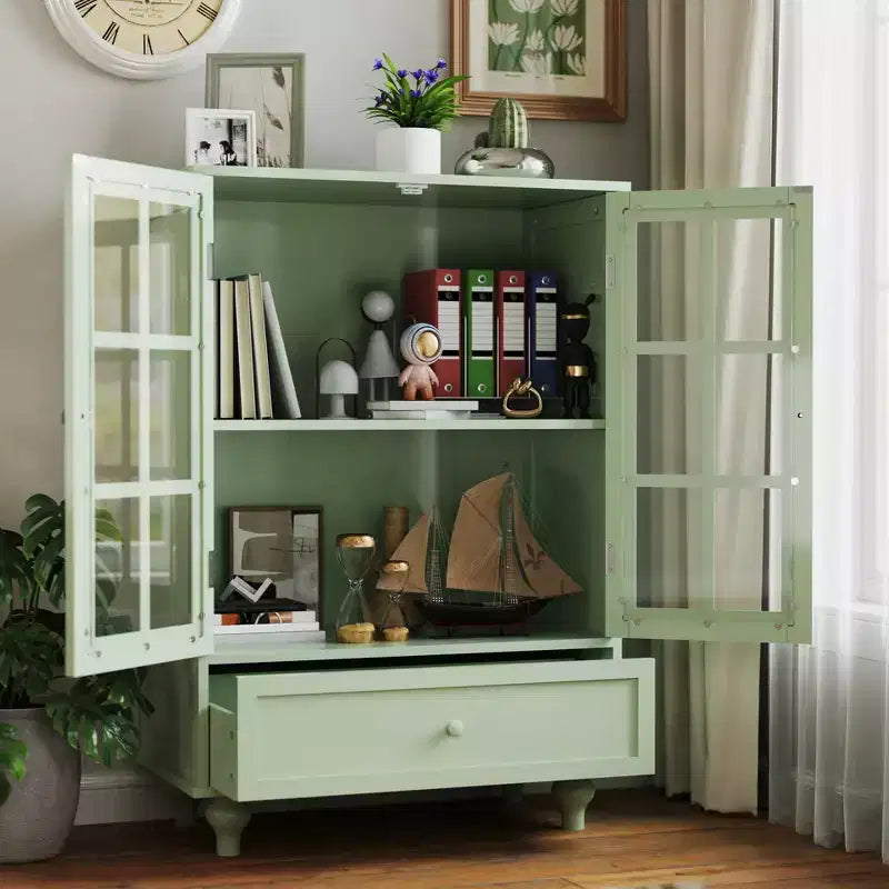 Storage Cabinets, Wooden Floor Cabinet with 1 Drawer and 2 Glass Doors, Farmhouse Sideboard Buffet Cabinet with Storage for Living Room