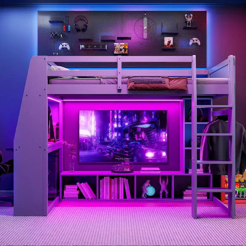 Whisen houten gaminghoogslaper voor eenpersoonsmatras met bureau, meerdere opbergplanken, ledverlichting en hangende kledingroede
