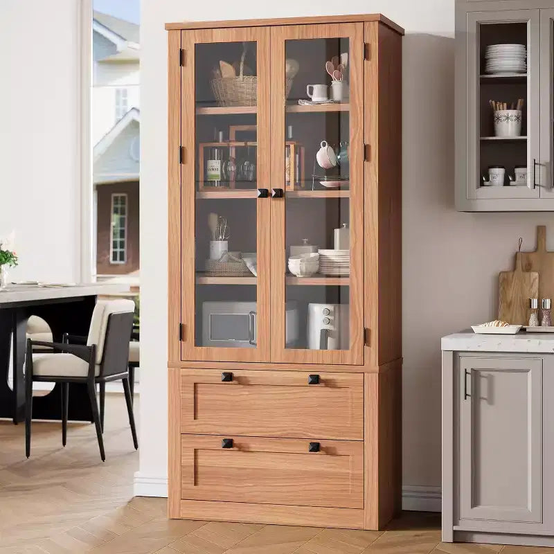 Farmhouse Kitchen Pantry Cabinet with Glass Doors, 72in Storage Cupboard with Drawers and Adjustable Shelves for Dining Room Bathroom Living Room