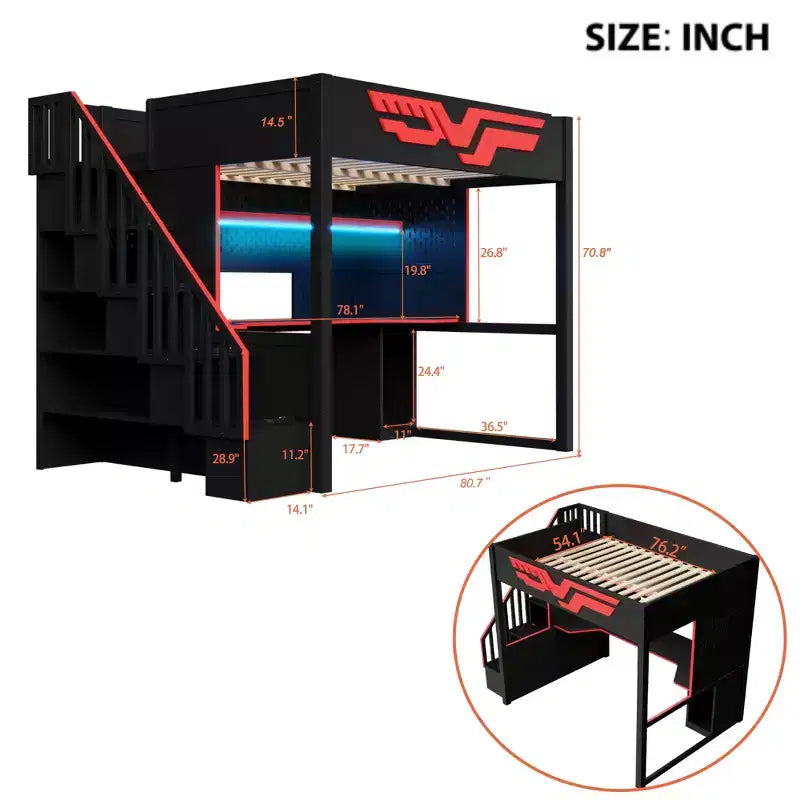 Gaming-Hochbett in Full-Größe mit Schreibtisch und LED-Beleuchtung, hölzernes Hochbett mit Treppe, Stauraumtreppe und USB-Anschluss, Rot+Schwarz