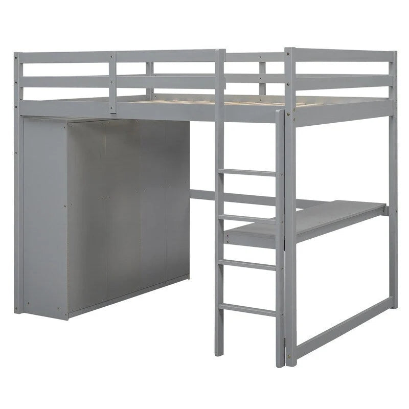 Full Size Wood Loft Bed with Built-in Wardrobe, Desk, Storage Shelves and Drawers