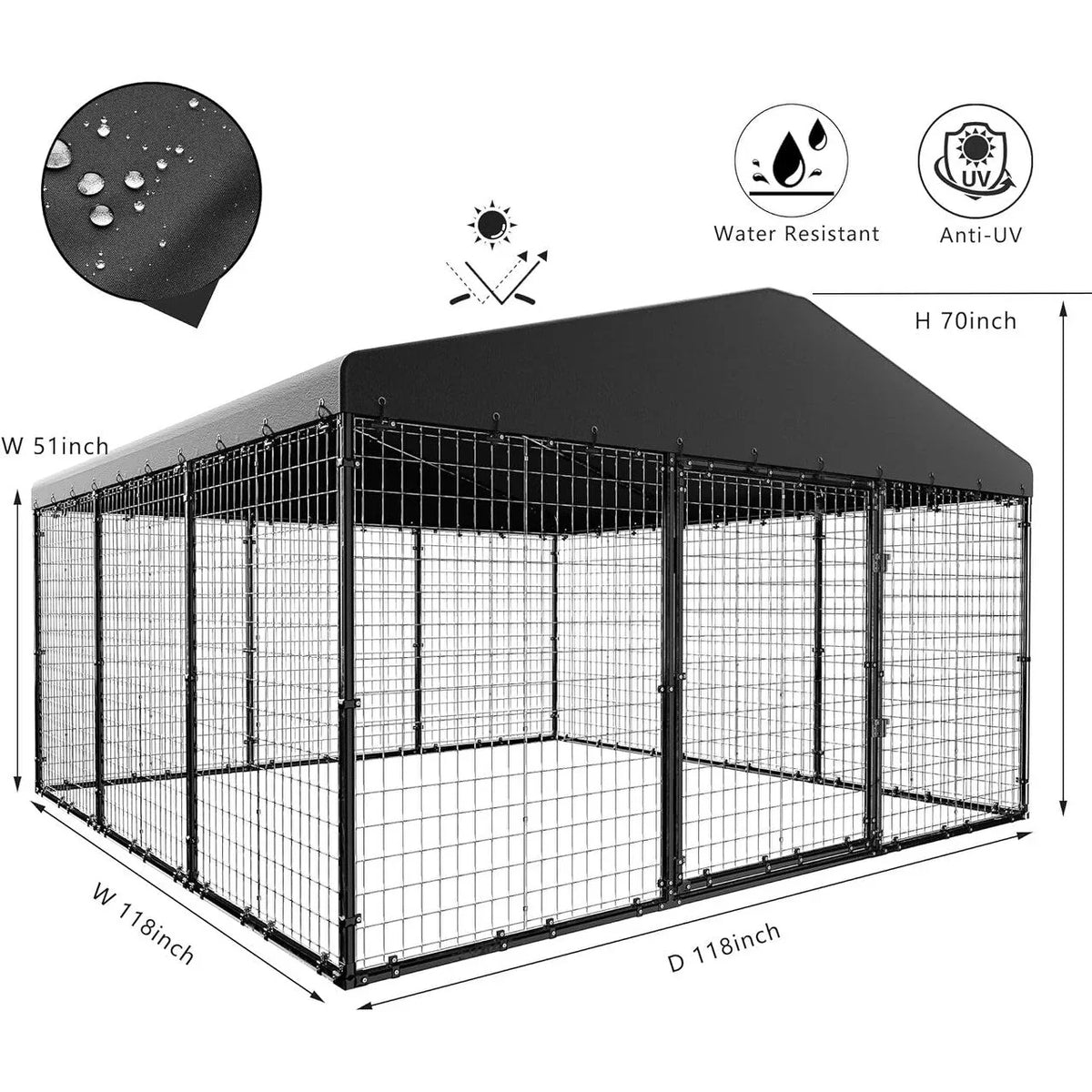 W 118 x D 118 x H 70 Büyük açık hava köpek kulübesi, su geçirmez çatılı ağır hizmet tipi köpek kafesi muhafazası
