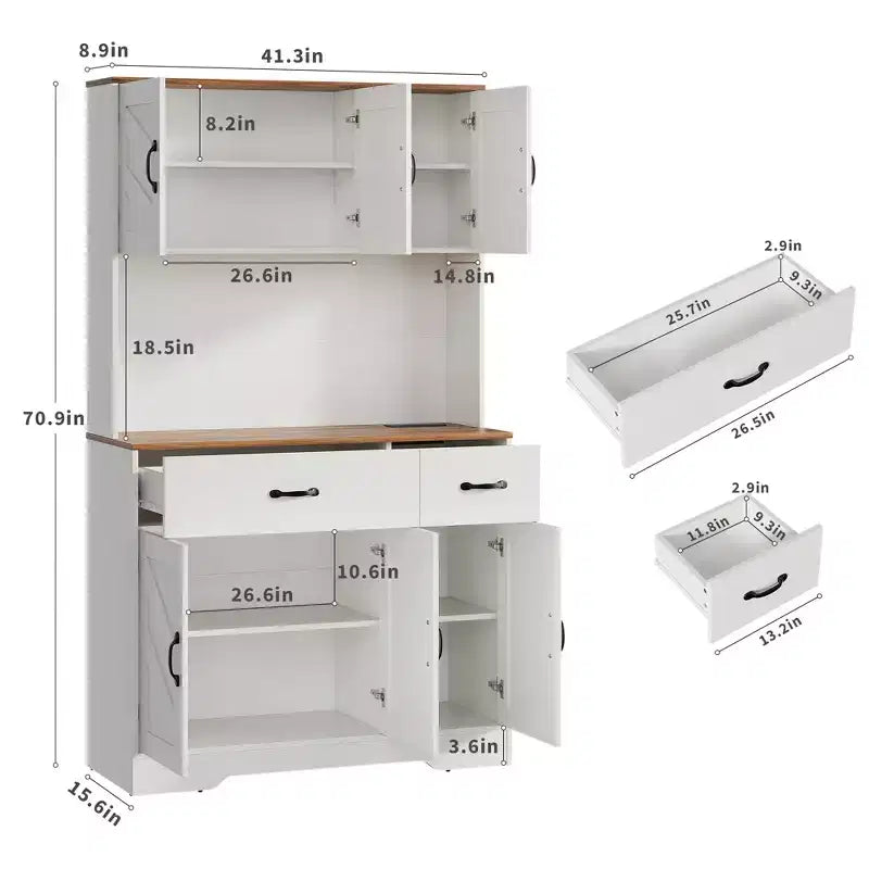 71 Kitchen Pantry Cabinet with Charging Station, Large Countertop, Microwave Stand & 2 Drawers,Hutch Storage for Dining & Living Room