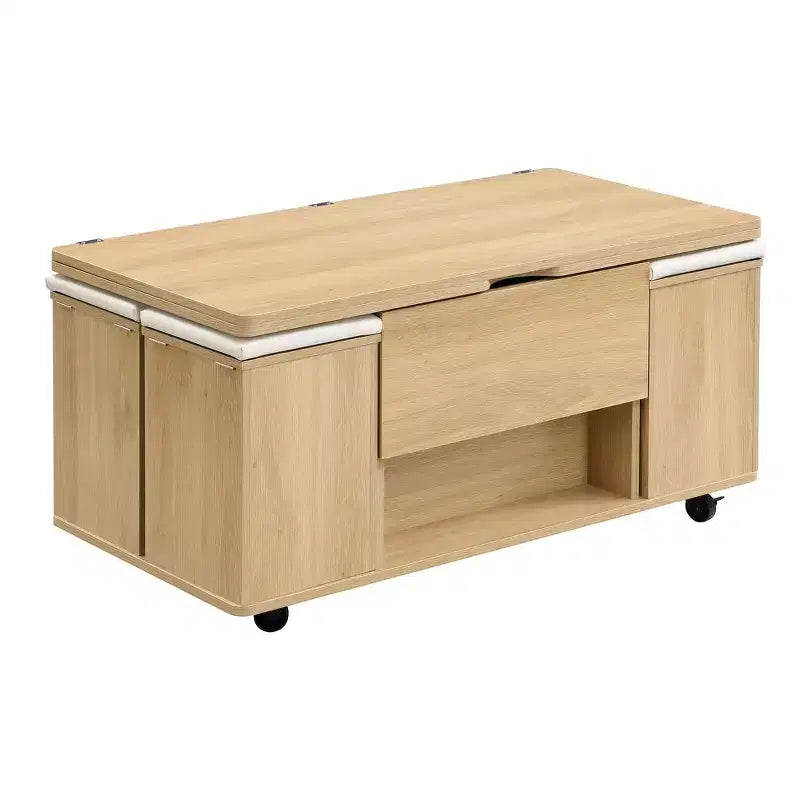 Table basse moderne multifonctionnelle relevable avec rangement dissimulé, 4 tabourets et roulettes, idéale pour les espaces de vie modernes