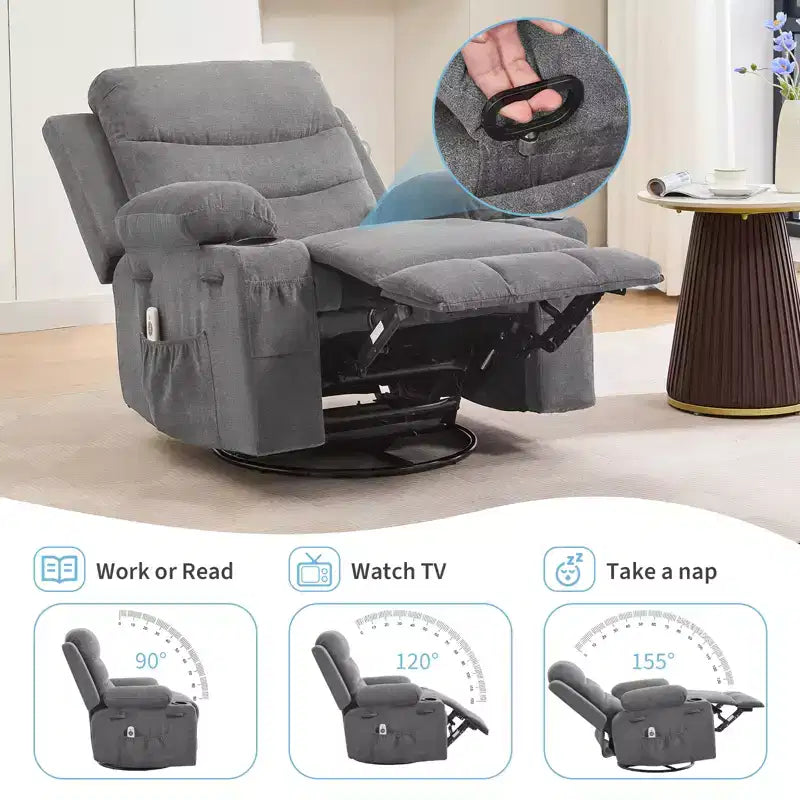 Draaibare relaxfauteuil met massage en warmte, 360°-schommelstoel met bekerhouders en zijvakken, ergonomische loungestoel voor woonkamer, camper en babykamer