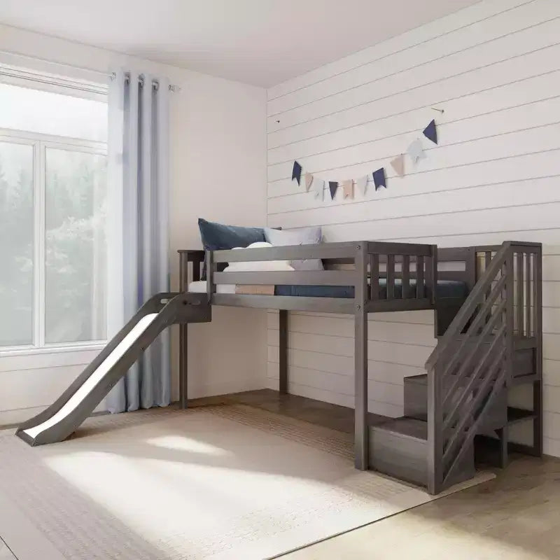 Letto basso rialzato singolo per bambini con scivolo e scaletta, in legno massello, 14 sponde di sicurezza, portata di 400 lb