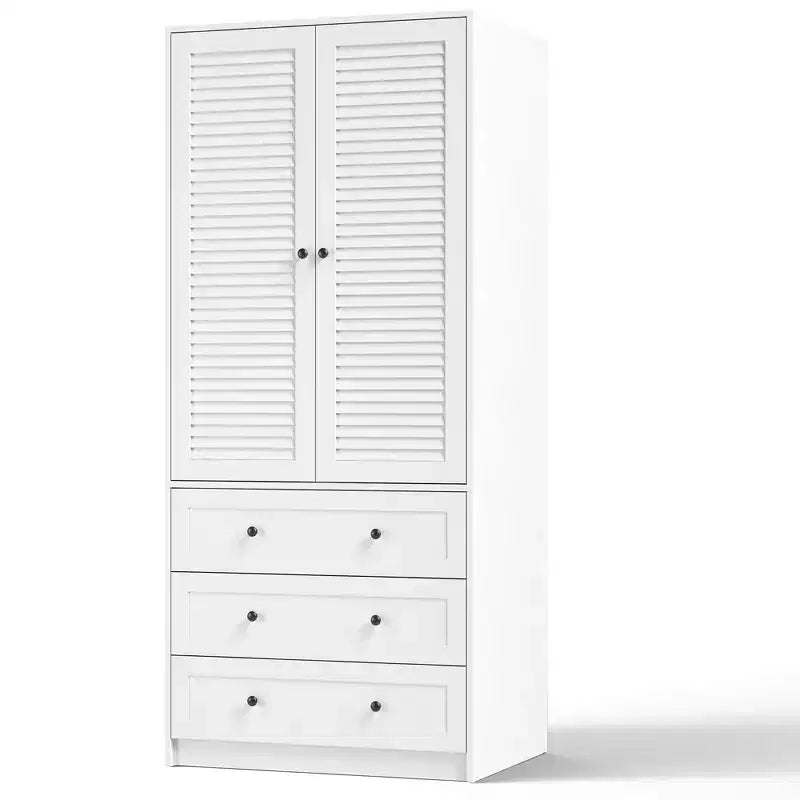 Armoire-penderie COZONY avec 3 tiroirs et 2 portes, meuble de rangement moderne en bois pour chambre, grande armoire blanche sur pied