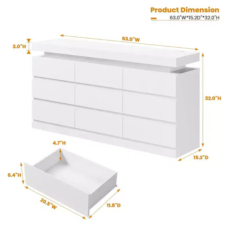 Kommode mit 9 Schubladen fürs Schlafzimmer, Schubladenschrank mit Ladestation und LED-Leuchten, doppelter Holzschrank zur Aufbewahrung, moderne Kommode und TV-Ständer