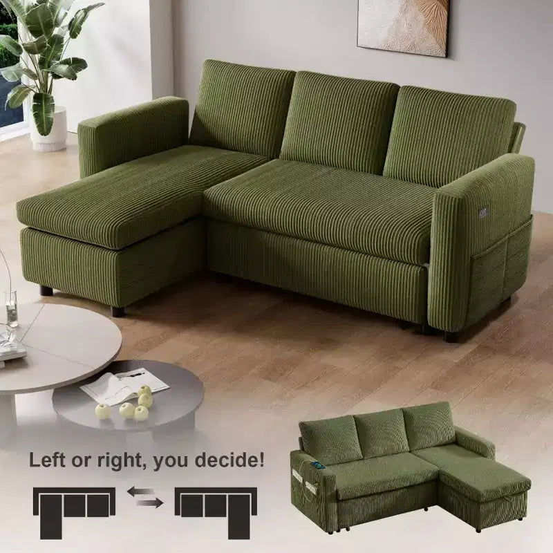 Dyonery 2-in-1-Schlafsofa zum Ausziehen mit Stauraum und Récamiere, Cord-Ecksofa mit USB-Anschlüssen für das Wohnzimmer