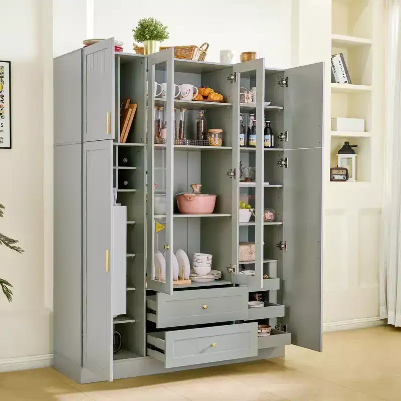 Dispensa da cucina indipendente Whisen alta 71'', grande mobile contenitore per sala da pranzo con credenza e buffet a 6 ante, ripiani regolabili