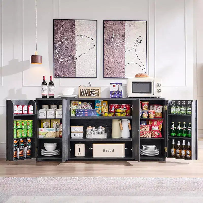 Kitchen Buffet Sideboard Cabinet with 4 Doors and Shelves, Modern Large Sideboard Buffet Storage Cabinet, 66 Coffee Bar Storage Cabinet